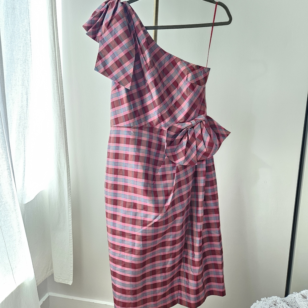 J. Crew One-Shoulder Dress in Pink and Blue Plaid